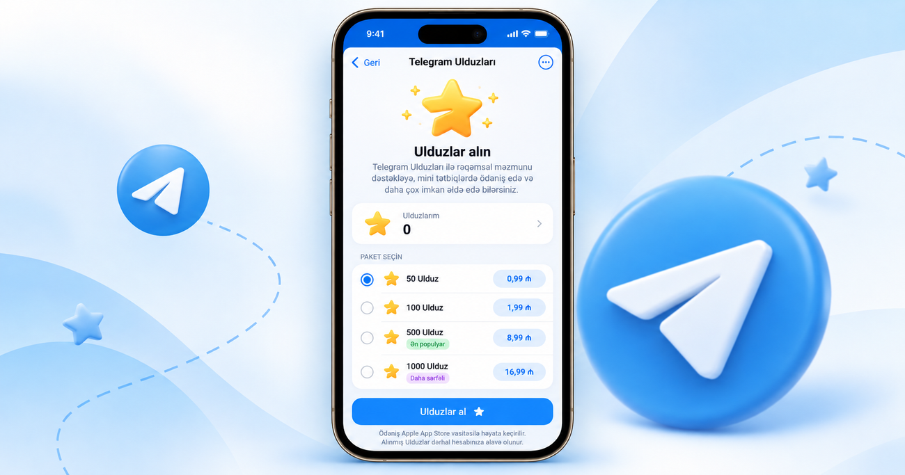 Telegram Stars almaq – tətbiqdaxili ödəniş Telegram tətbiqində Stars paketlərinin seçilməsi və ulduz almaq